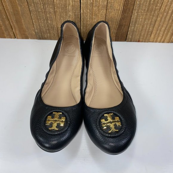 Tory Burch Allie Logo Ballet Flats Womens 7.5 Black Gold Leather Casual Career - Picture 3 of 10